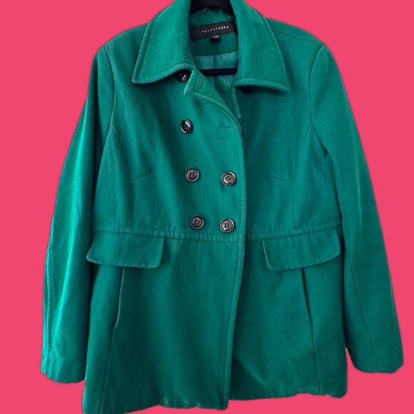 Apostrophe Jackets & Blazers - Emerald Green Apostrophe Wool Peacoat, Academic Preppy Plus Size Coat 16-18W